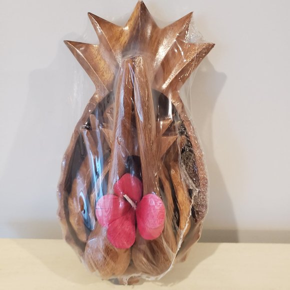 NEW Wood Hand Carved Pineapple Salad Bowl Set: Serving Bowl 4 Salad Bowls Tongs - Picture 1 of 8